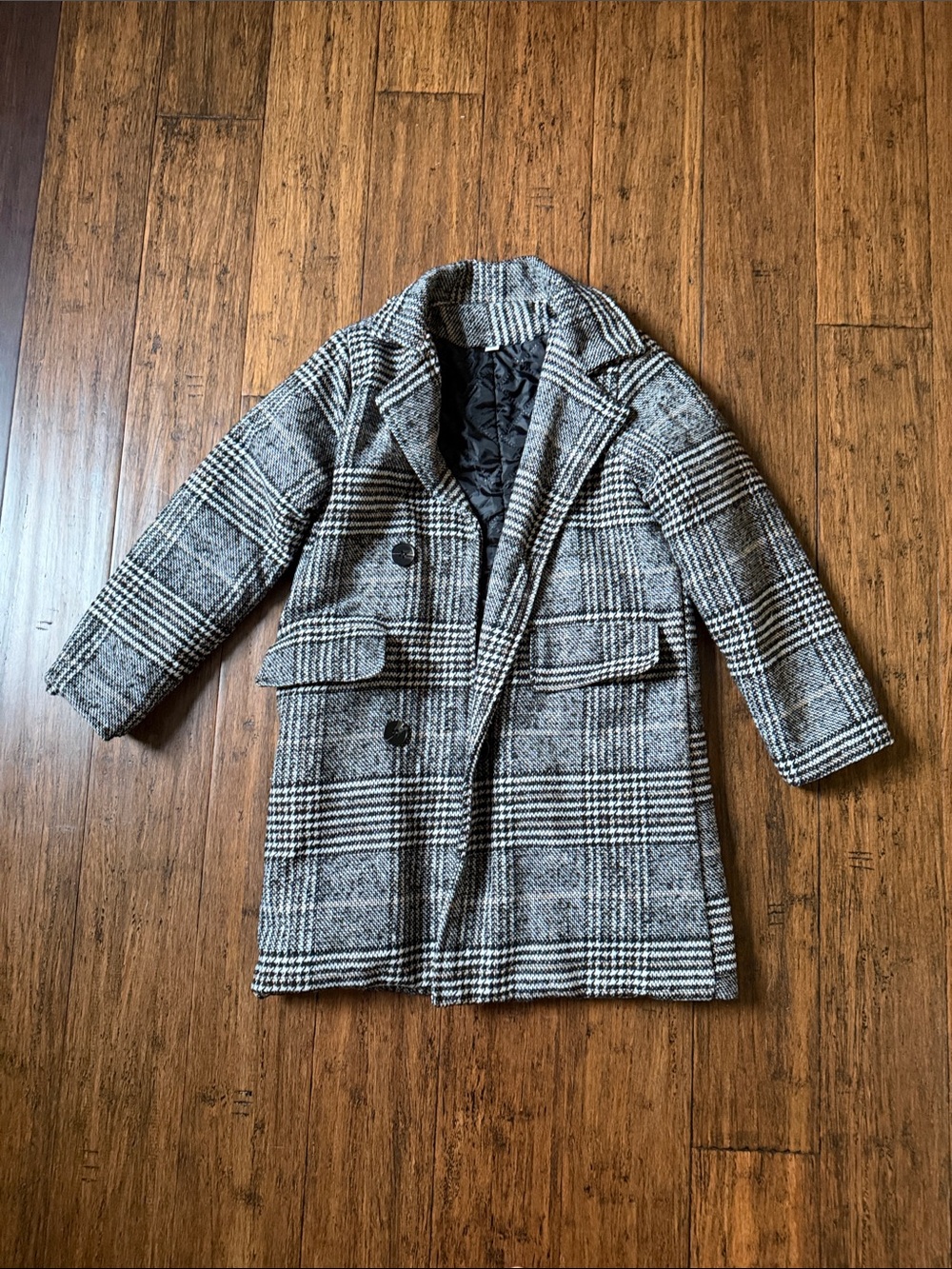 Girls Gray Plaid Double-Breasted Coat
